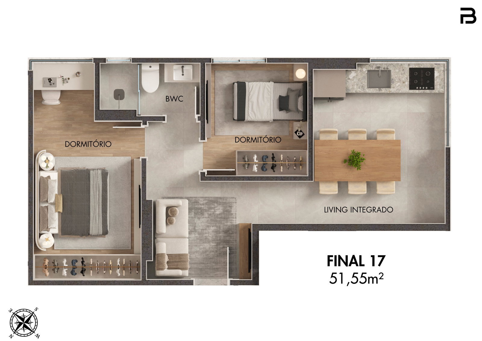 Planta Final 17, 52 m² do Breeze Towers