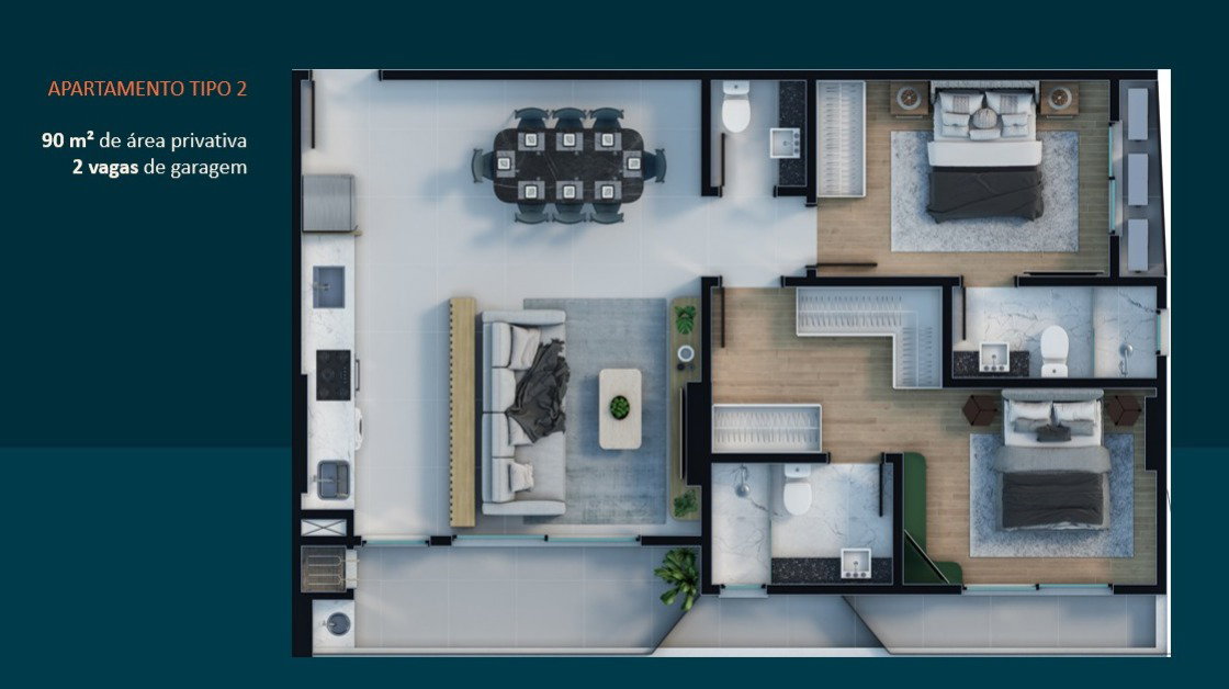 Planta Tipo 2, 90 m² do Diamond Hill Residence