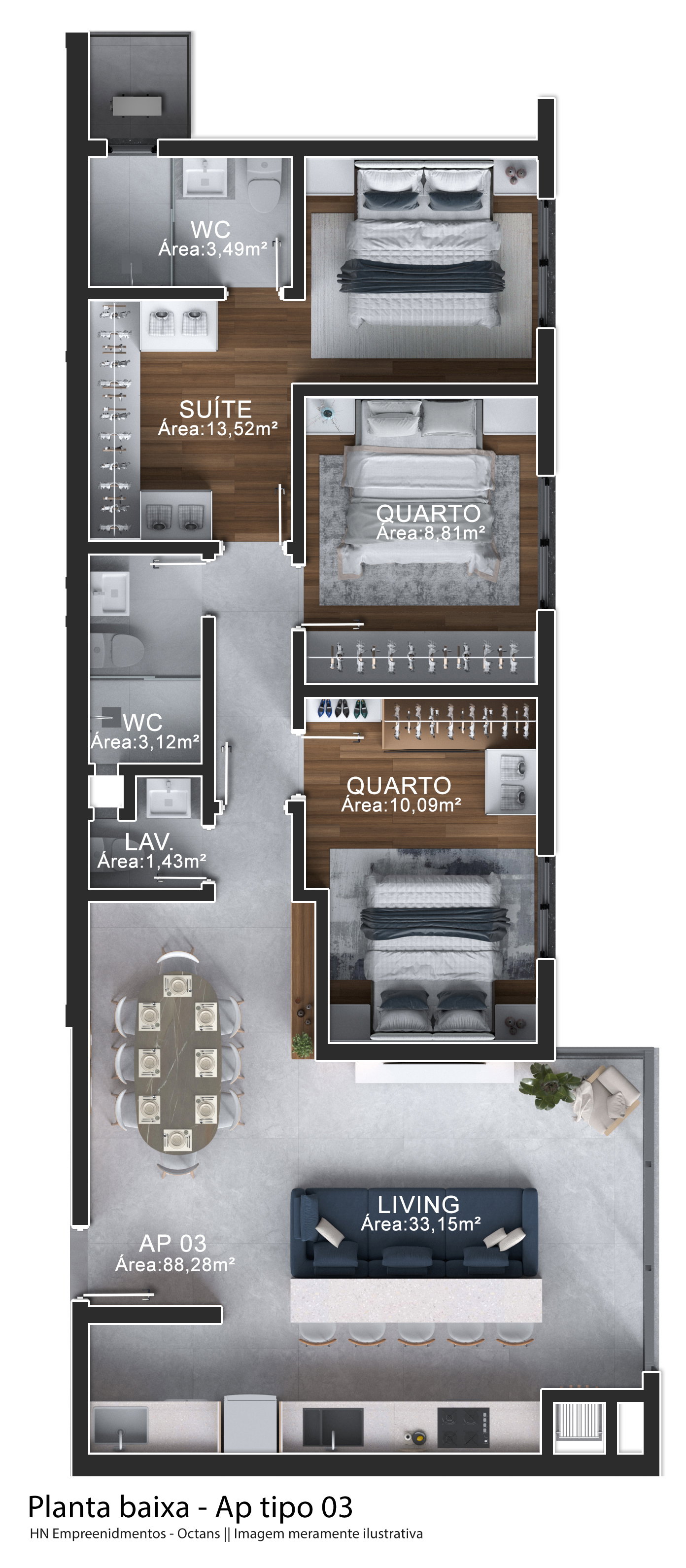 Planta Tipo 03, 88 m² do Edifício Octans