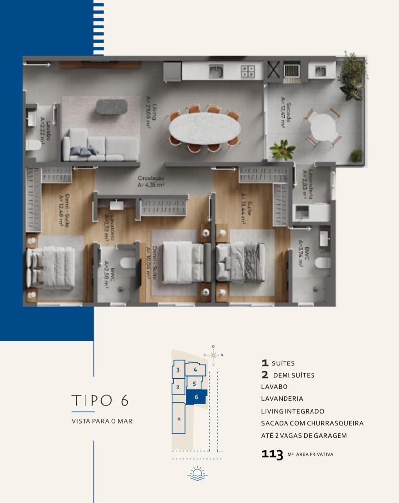 Planta Tipo 6, 3 dormitórios · 1 suíte · 113 m² do Ametisst