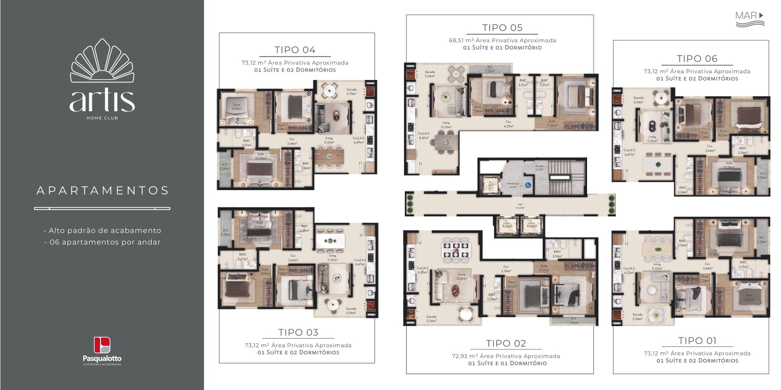 Planta Tipo 01, 3 dormitórios · 1 suíte · 73 m² do Artis Home Club