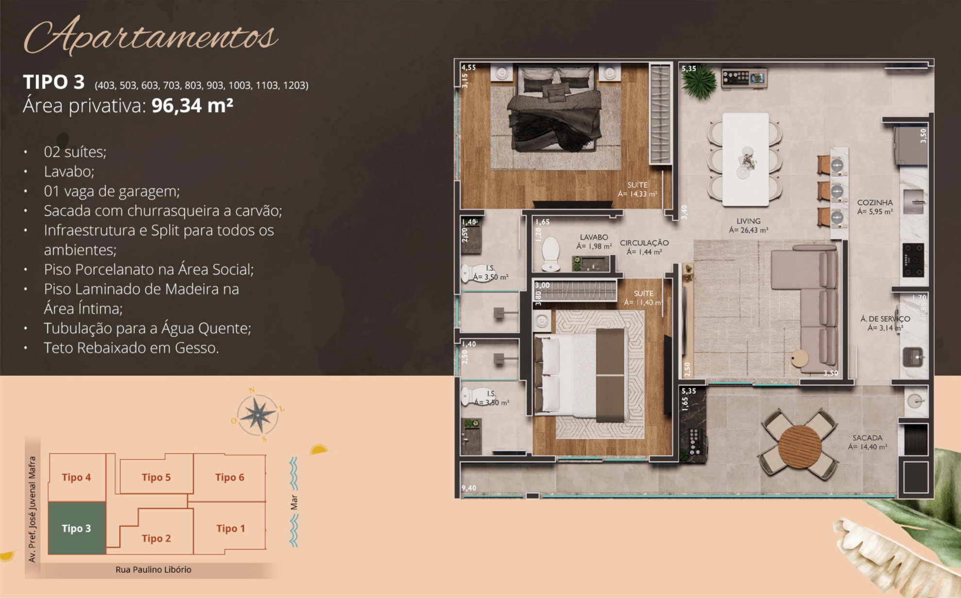 Planta Tipo 3, 2 suítes · 96 m² do Ilha de Tenerife
