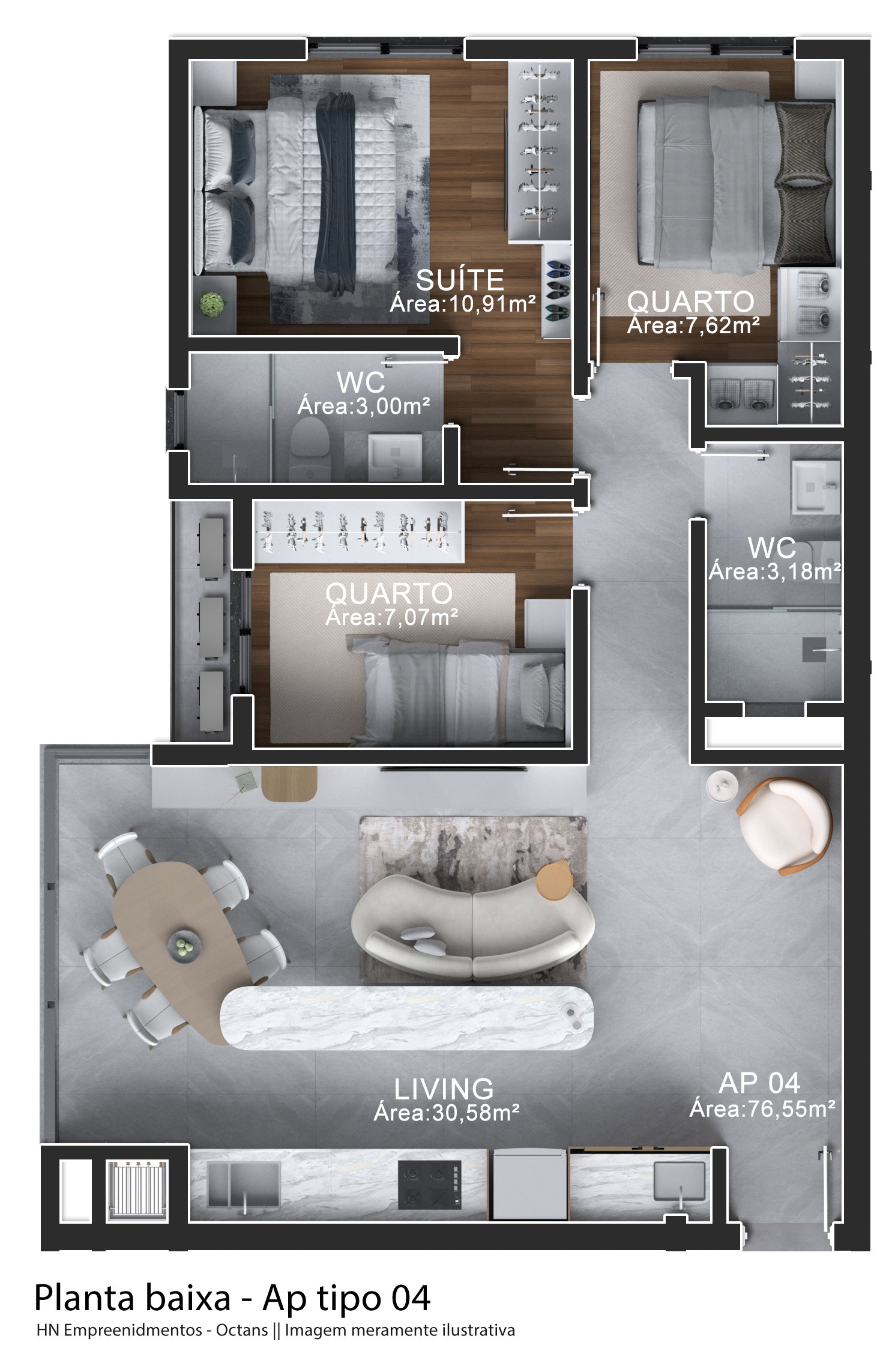 Planta Tipo 04, 77 m² do Edifício Octans