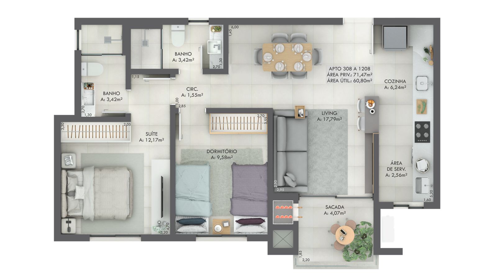 Planta Apto 308 a 1208, 71 m² do Gran Michel Residence
