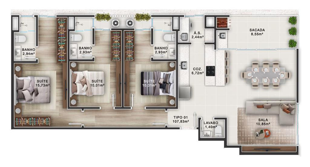 Planta Tipo 01 (1 de 3), 108 m² do Imperador