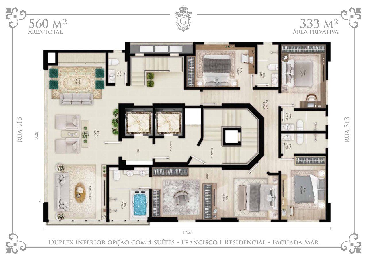Planta Duplex Inferior, 4 suítes · 333 m² do Francisco I