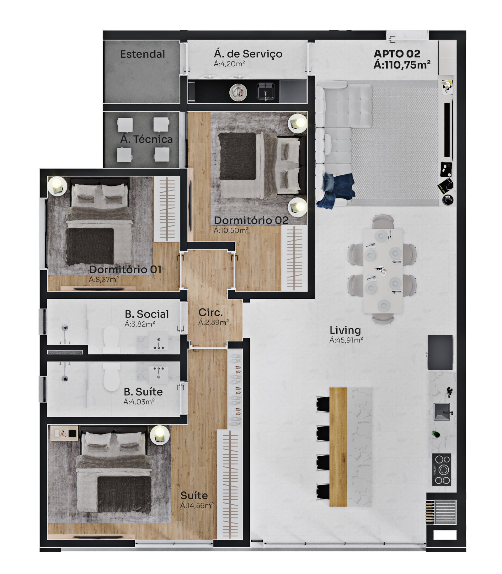 Planta Apto 02, 111 m² do Edifício Florença