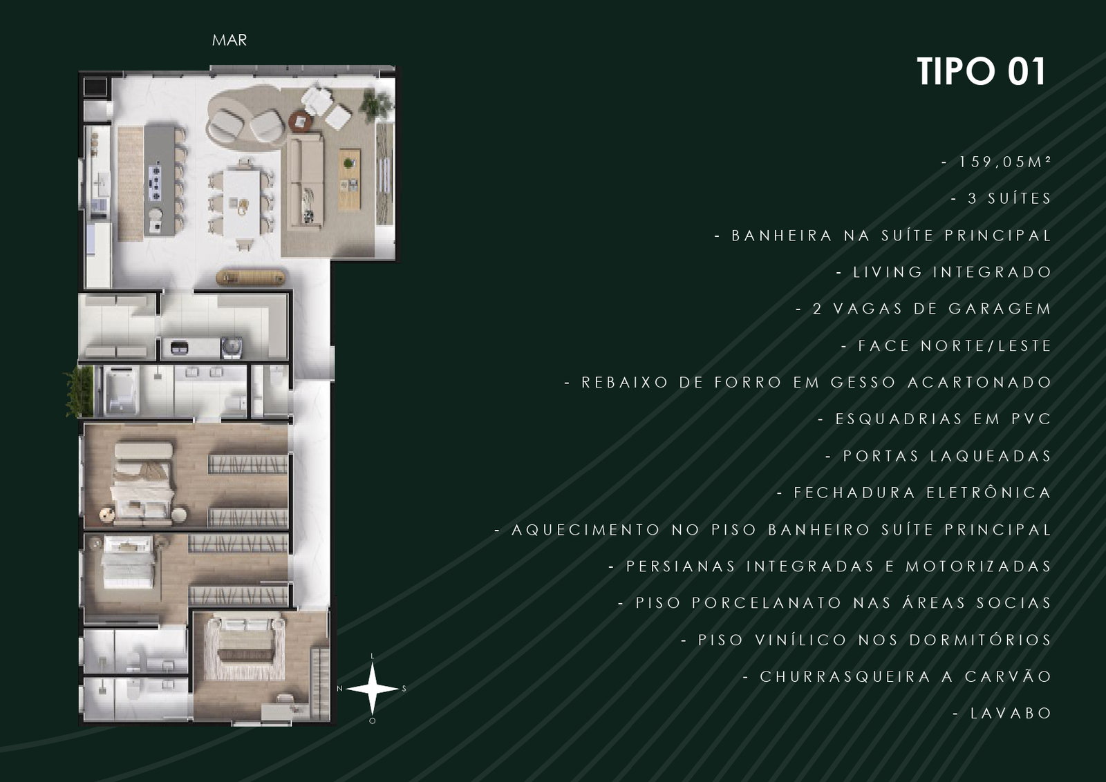 Planta Tipo 01, 3 suítes · 159 m² do Casa Giardino