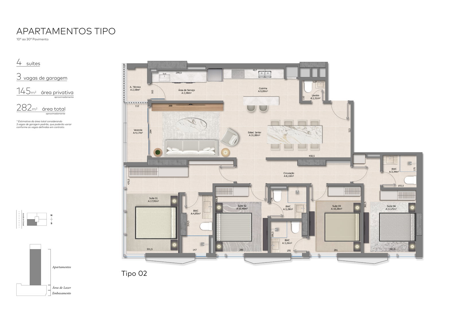 Planta Tipo 02, 4 suítes · 145 m² do Green Hills
