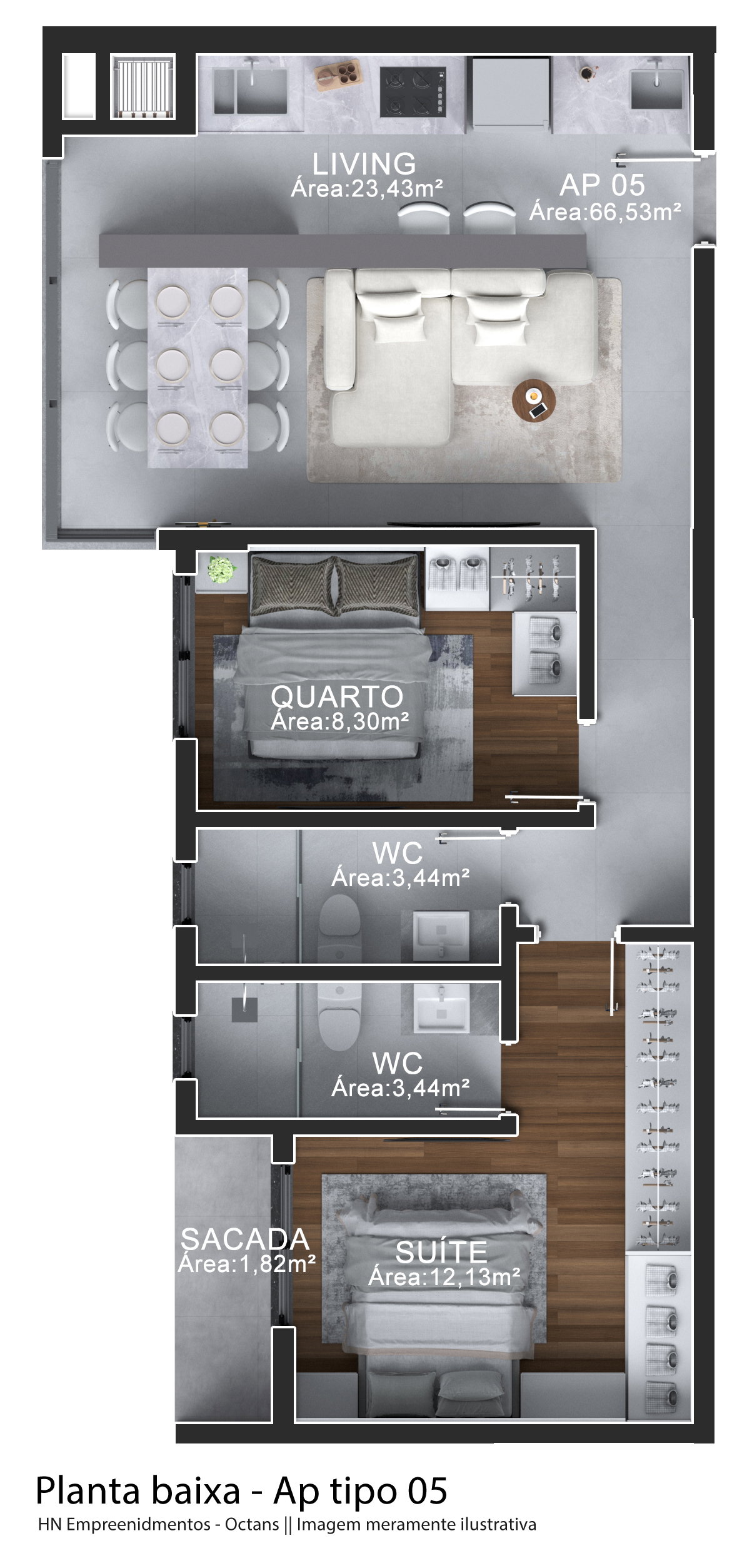 Planta Tipo 05, 67 m² do Edifício Octans