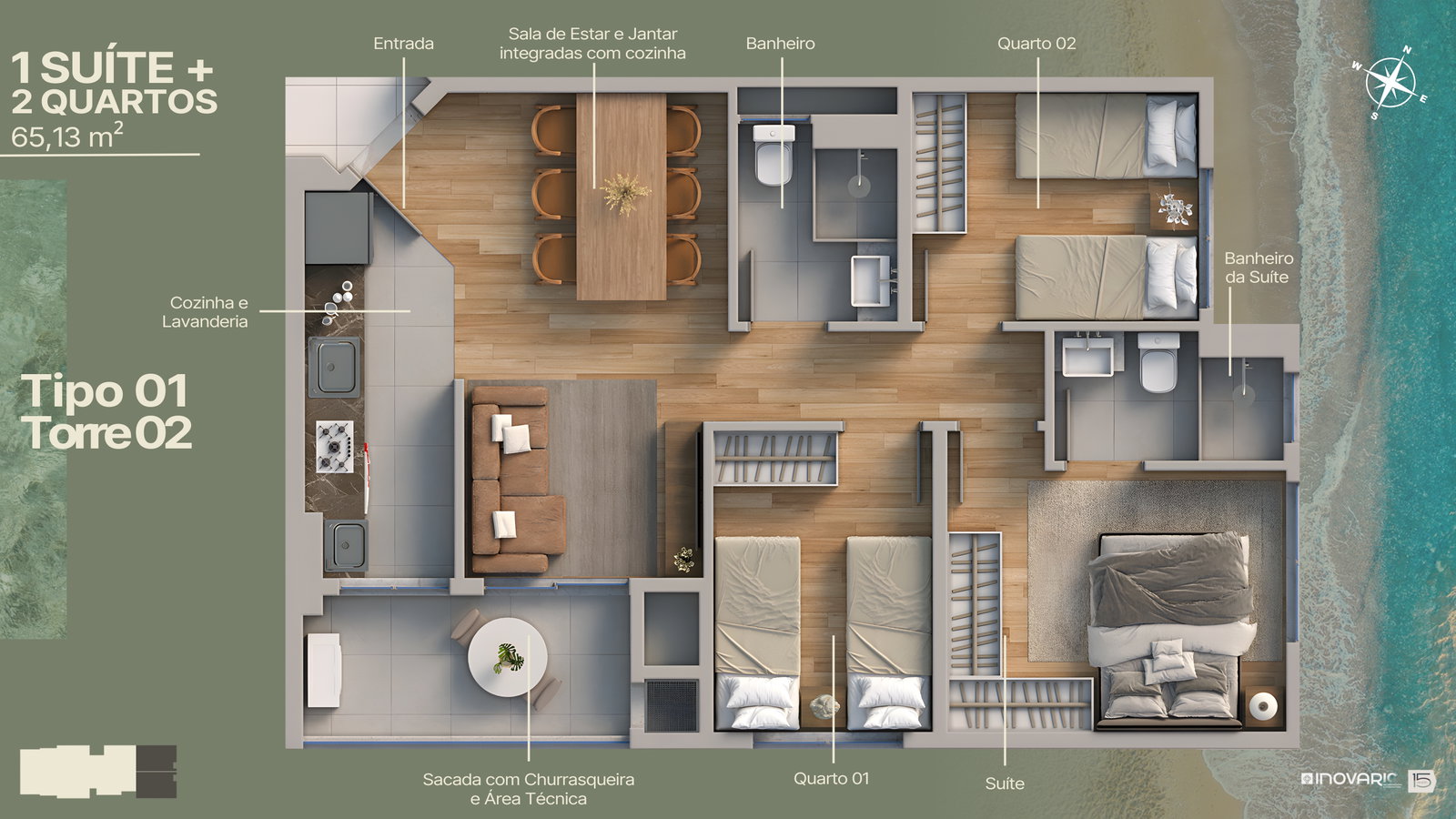 Planta Tipo 01 · Torre 2, 3 dormitórios · 1 suíte · 65 m² do Marine Itajuba