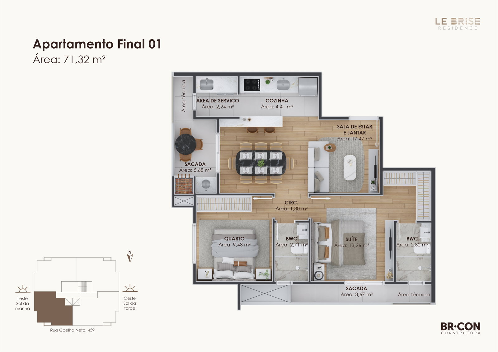 Planta Final 01, 71 m² do Le Brise Residence