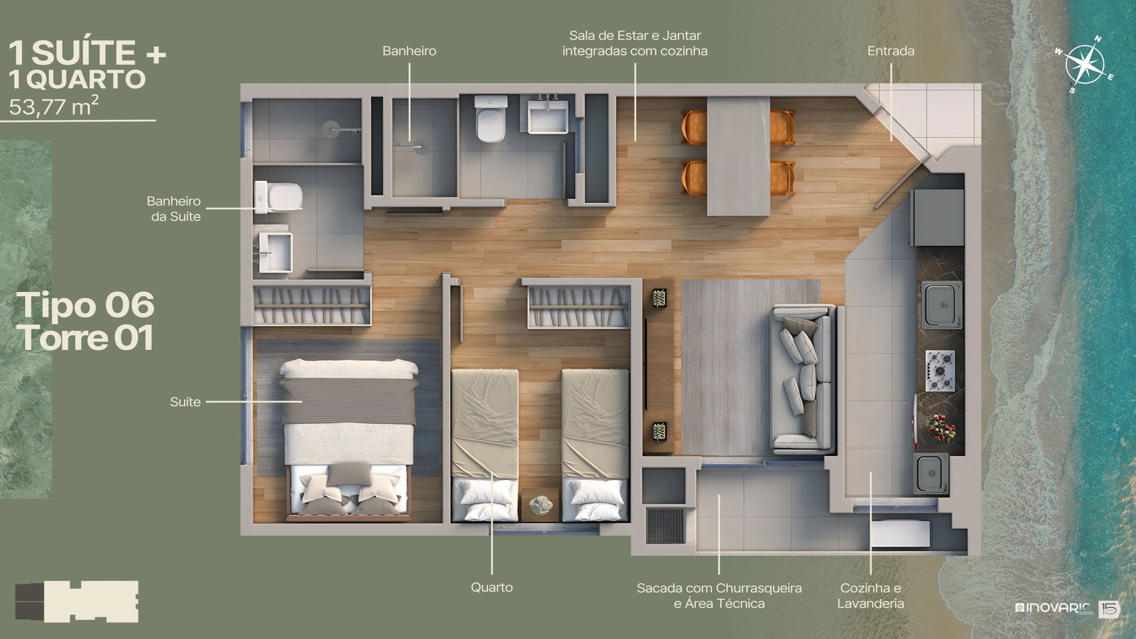 Planta Tipo 06 · Torre 1, 2 dormitórios · 1 suíte · 54 m² do Marine Itajuba