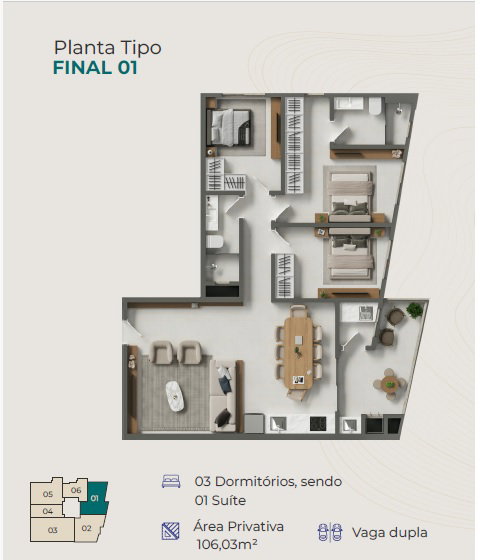 Planta Final 01, 3 dormitórios · 1 suíte · 106 m² do Avalon