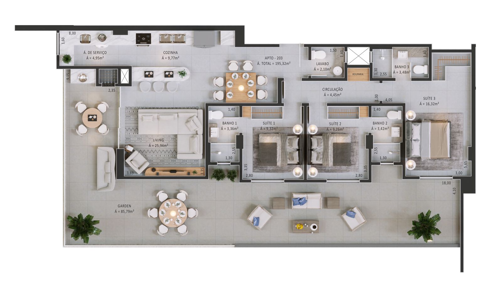 Planta Apto 203, 195 m² do Horizon Residence