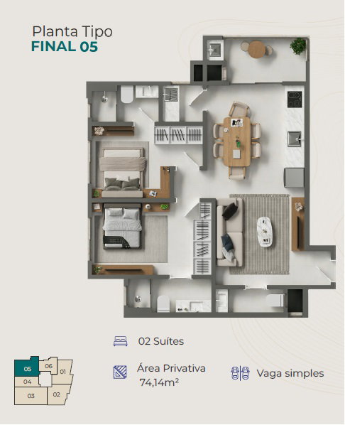Planta Final 05, 2 suítes · 74 m² do Avalon