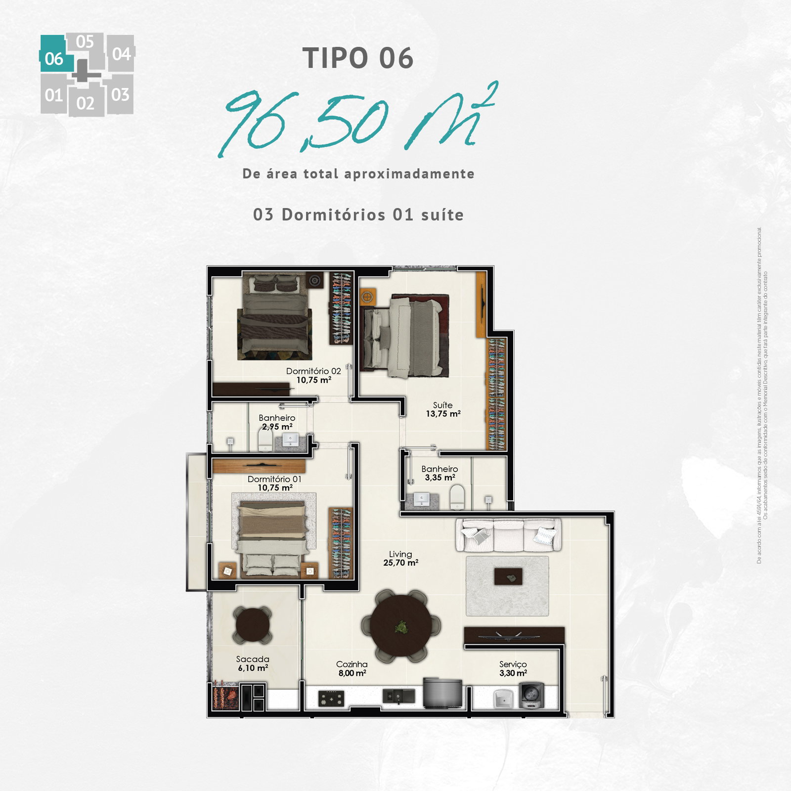 Planta Tipo 06, 3 dormitórios · 1 suíte · 97 m² do Fa Bene Residenza
