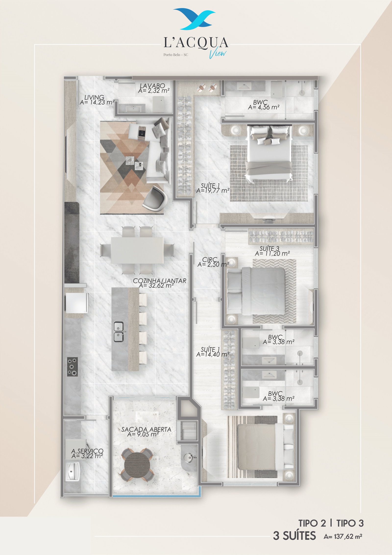 Planta Tipo 2 | Tipo 3, 3 suítes · 138 m² do L'Acqua View