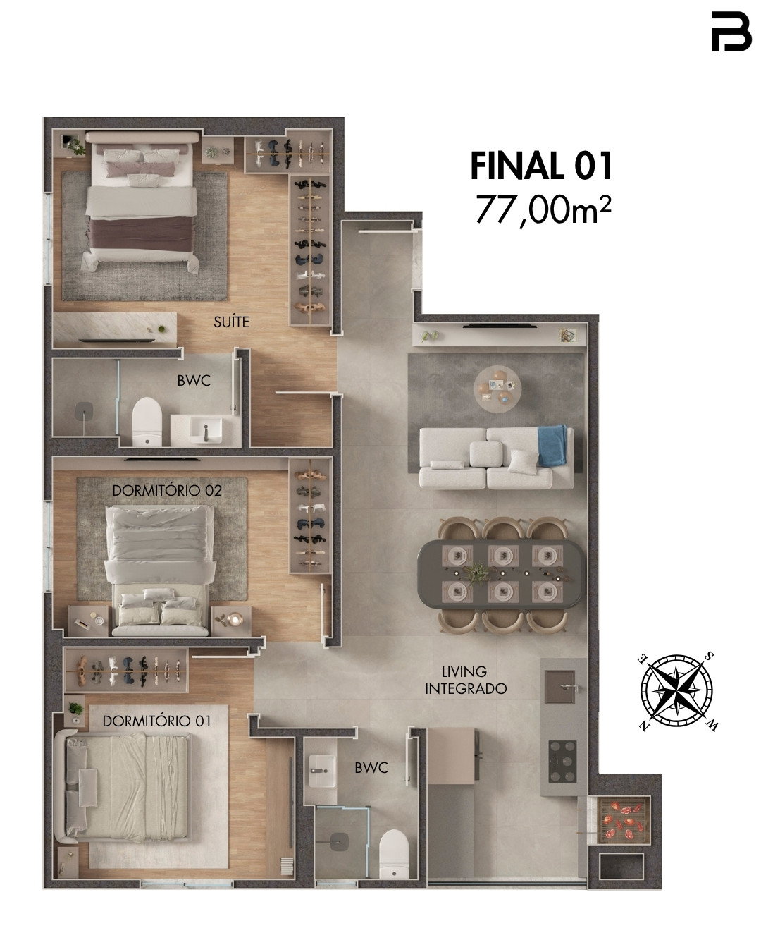 Planta Final 01, 77 m² do Breeze Towers