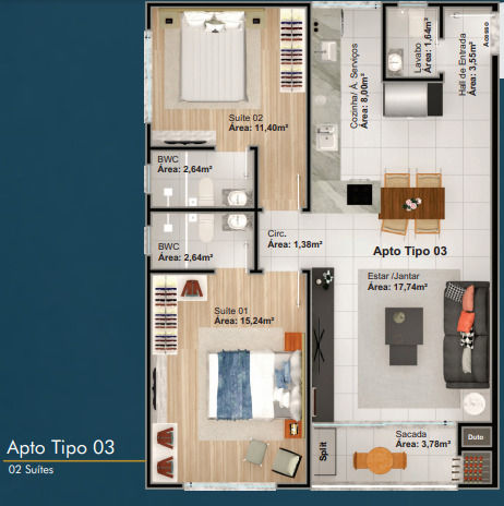 Planta Tipo 03 (2 de 2), 2 suítes do Paganini Tower