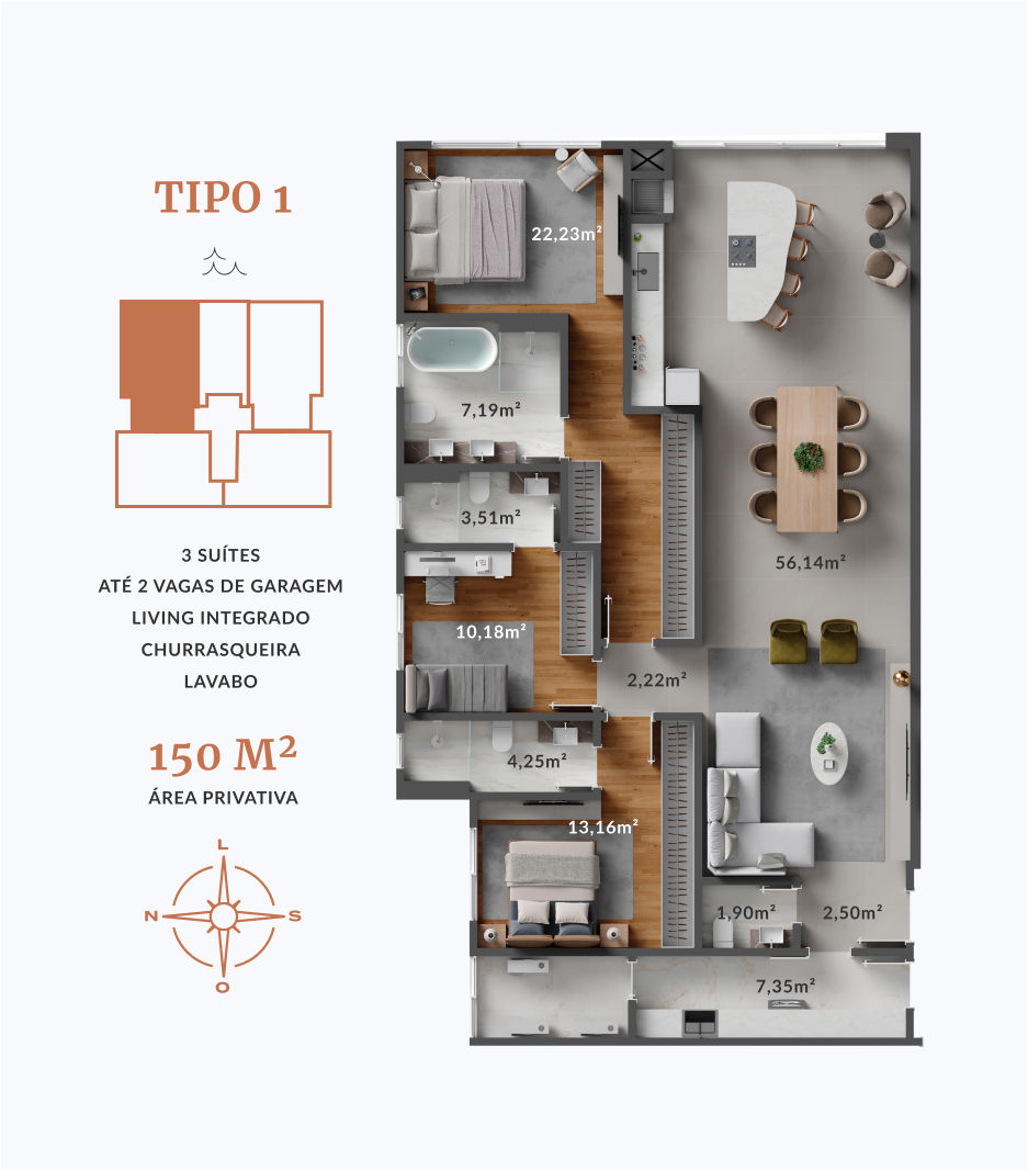 Planta Tipo 1, 3 suítes · 150 m² do Amber