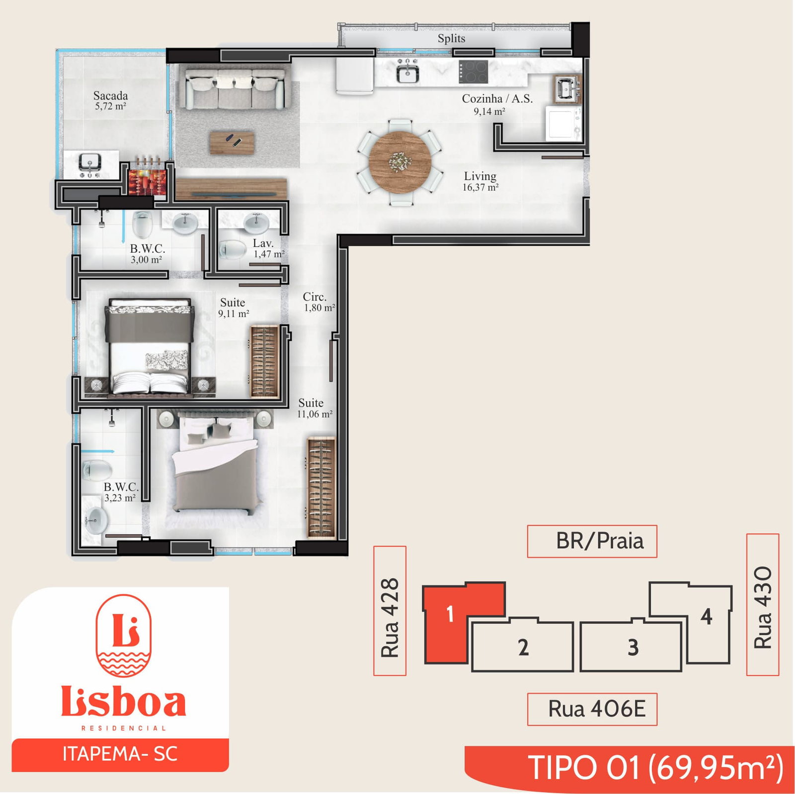 Planta Tipo 01, 70 m² do Lisboa Residencial