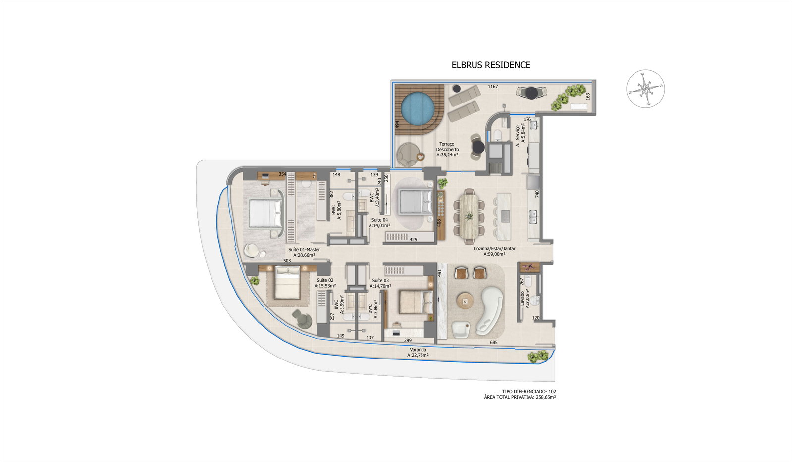 Planta Tipo Diferenciado- 102, 259 m² do Elbrus