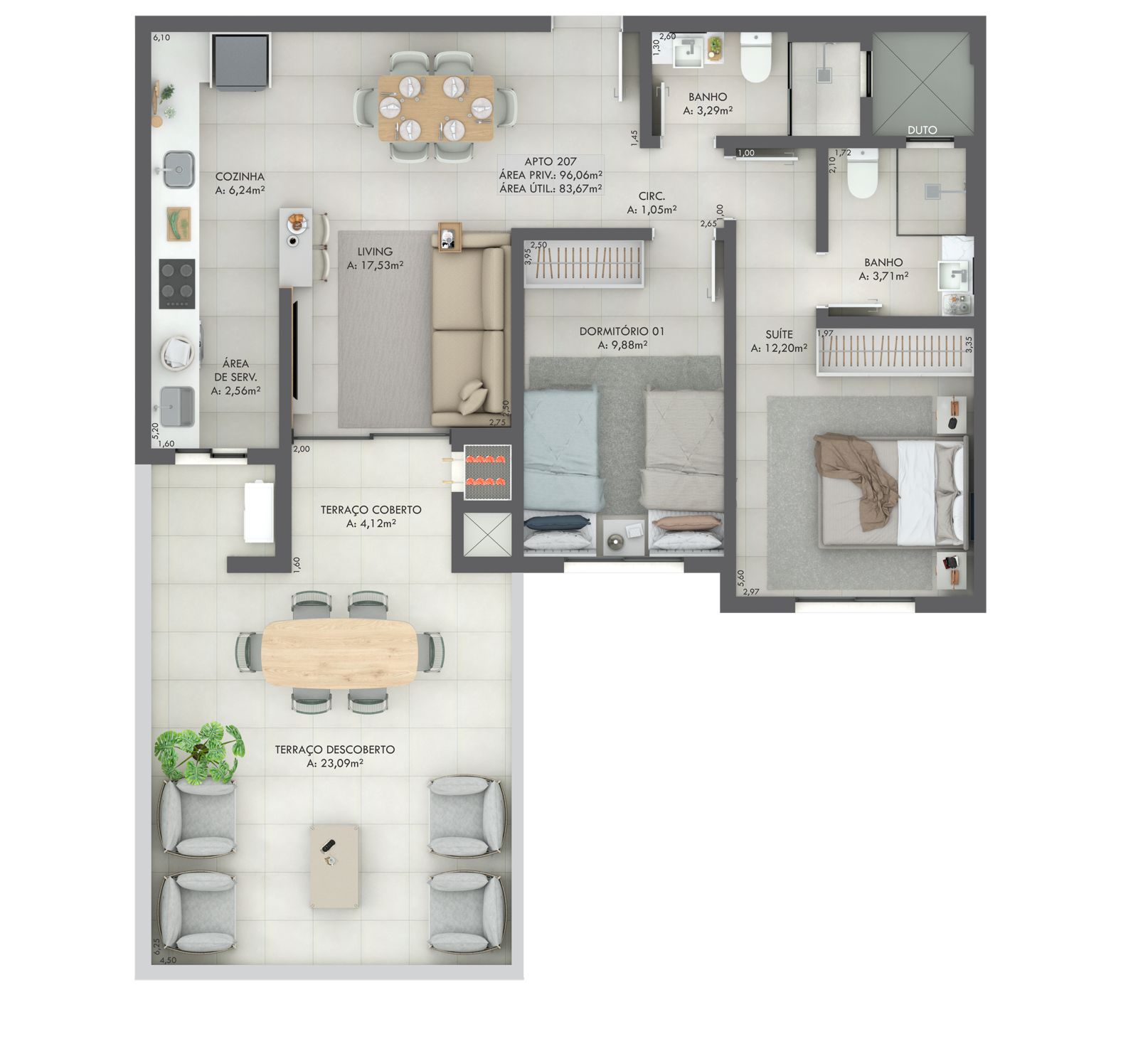 Planta Apto 207, 96 m² do Gran Michel Residence