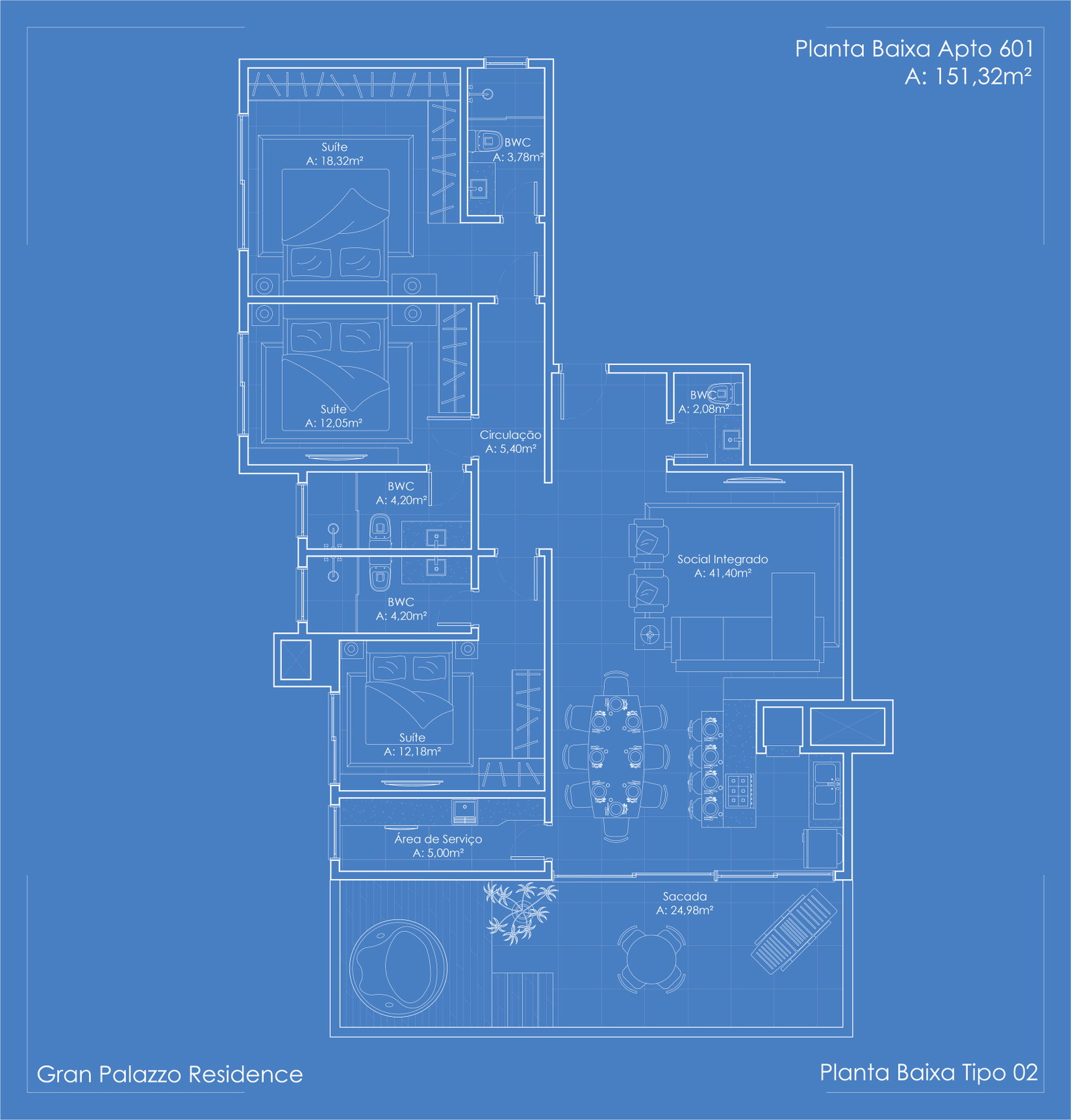 Planta Apto 601, 151 m² do Gran Palazzo