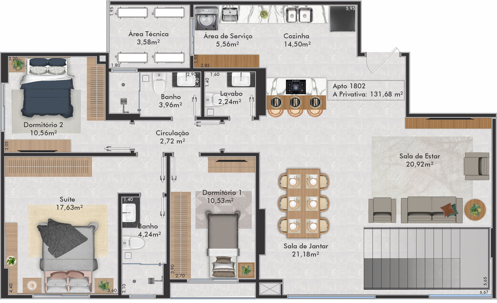 Planta Apto 1802, 132 m² do Gran Palazzo Residence