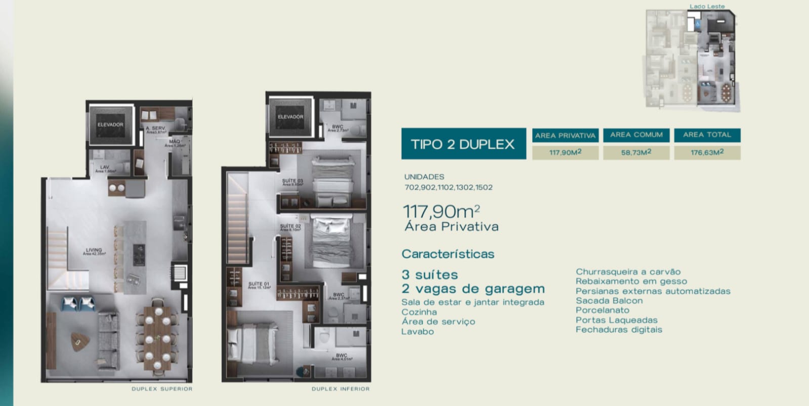 Planta Tipo 2 Duplex, 3 suítes · 118 m² do Filipinas Residence