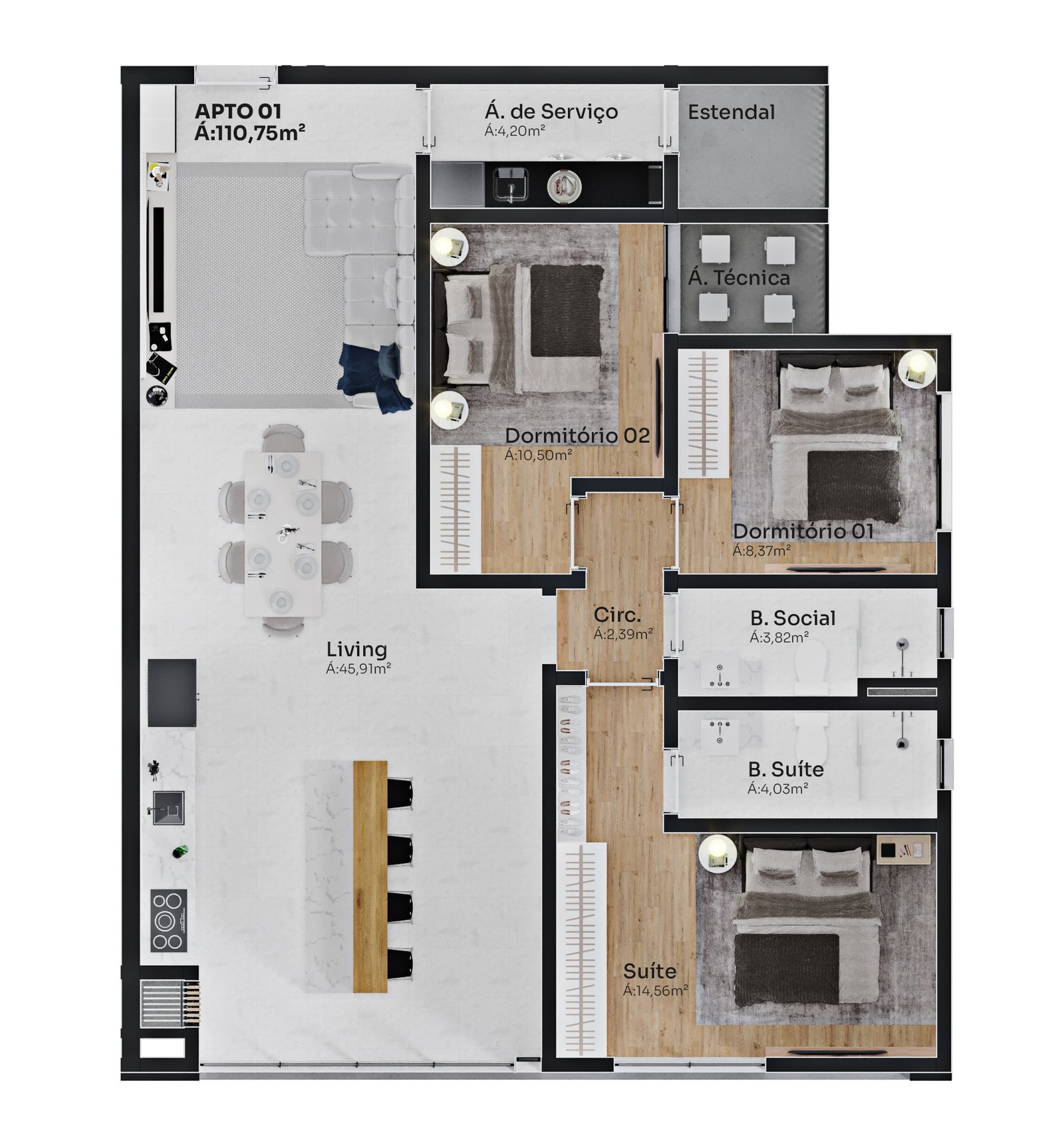 Planta Apto 01, 111 m² do Edifício Florença
