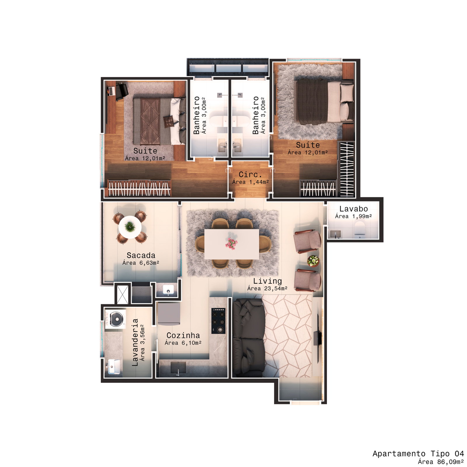 Planta Tipo 04, 86 m² do Belvedere