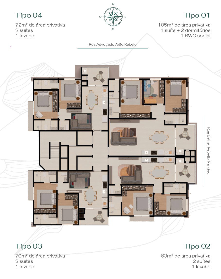 Planta Tipo 01, 3 dormitórios · 1 suíte · 105 m² do Genebra