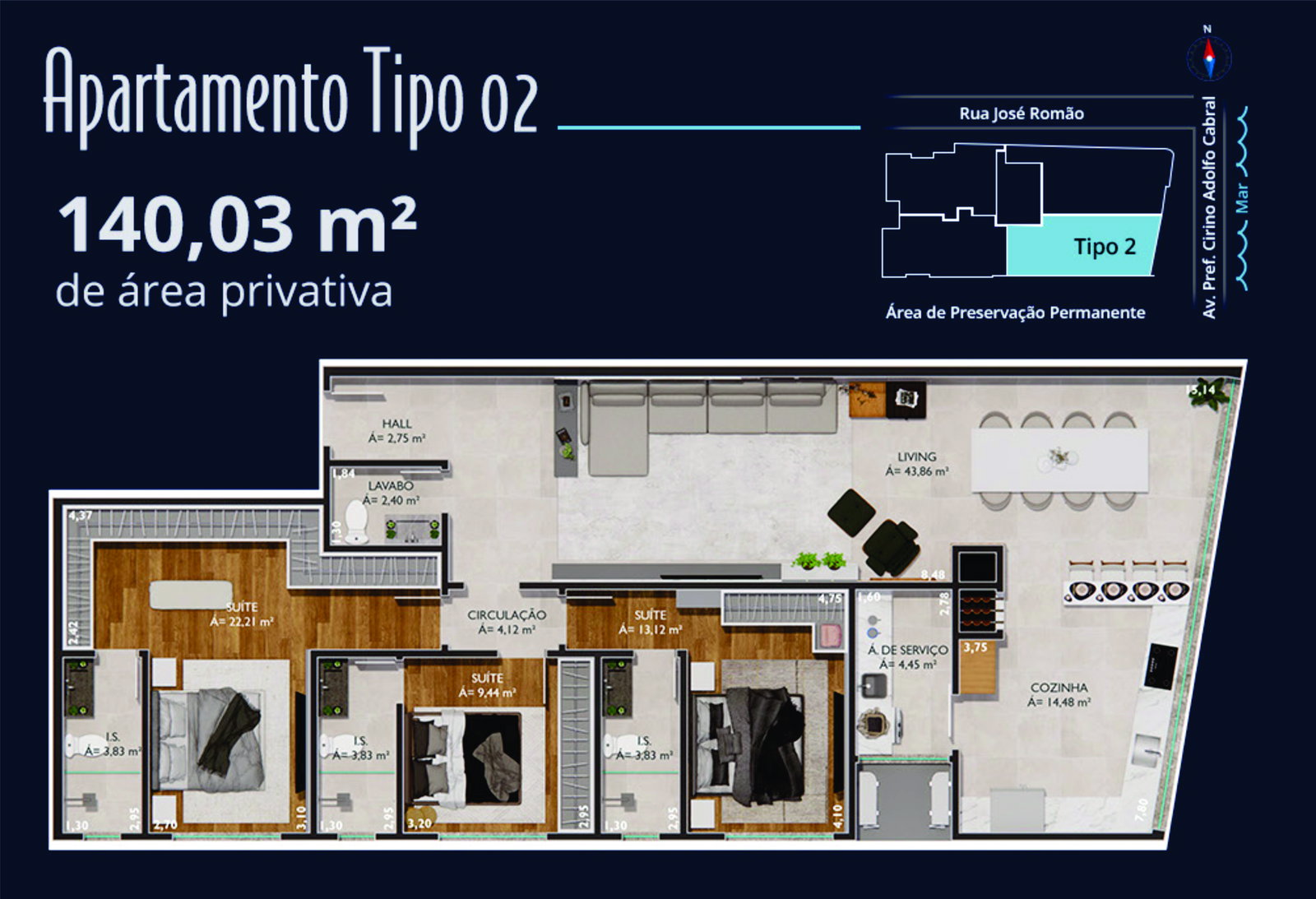 Planta Tipo 02, 140 m² do Ilha de San Blás
