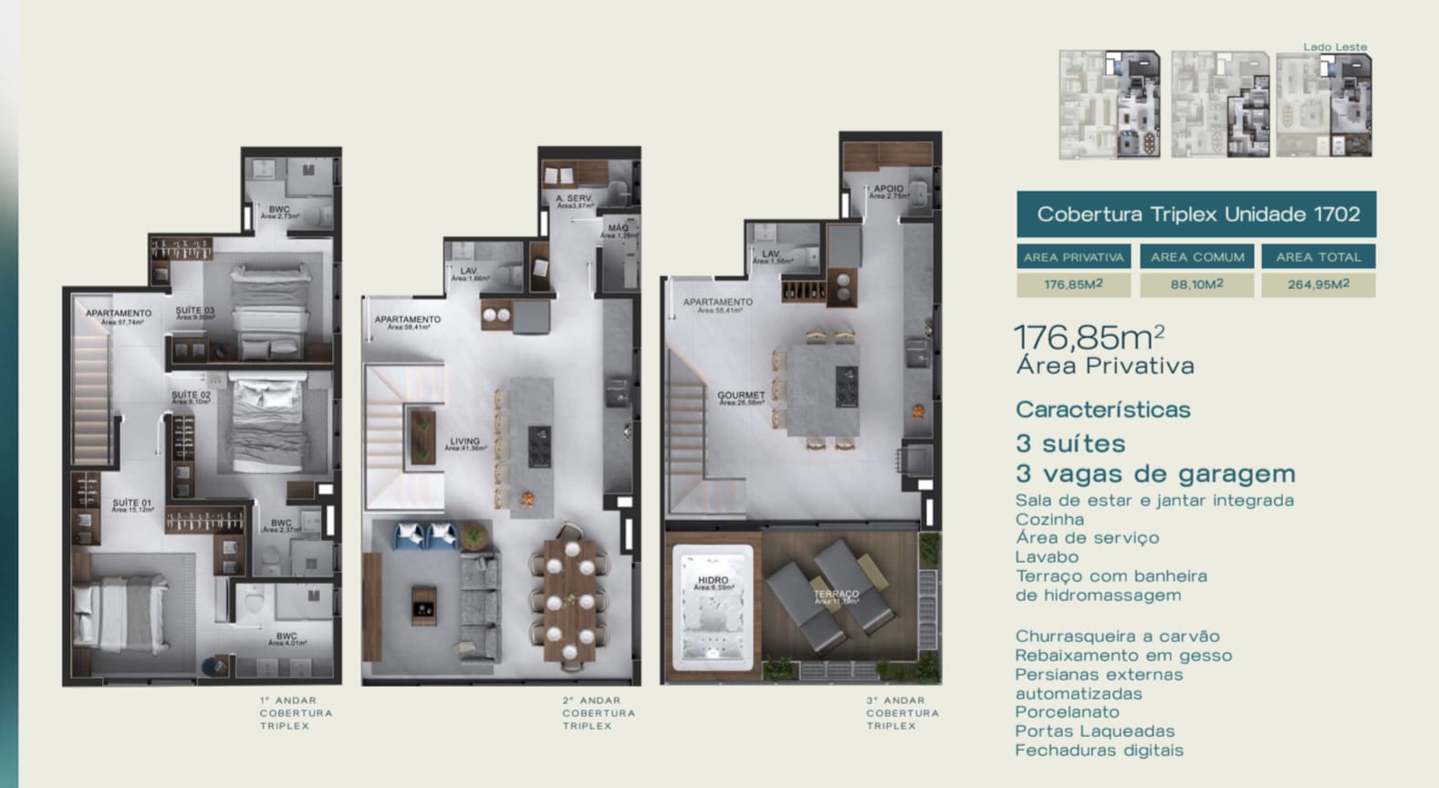 Planta Cobertura Triplex Unidade 1702, 3 suítes · 177 m² do Filipinas Residence