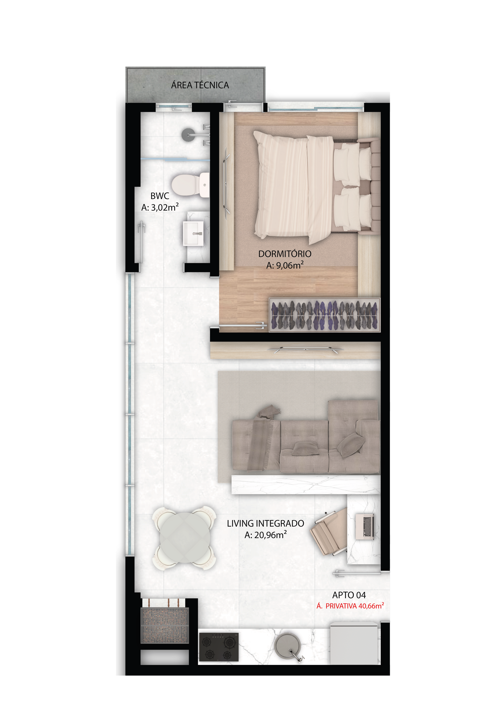 Planta Apto 04, 41 m² do Blue Tower