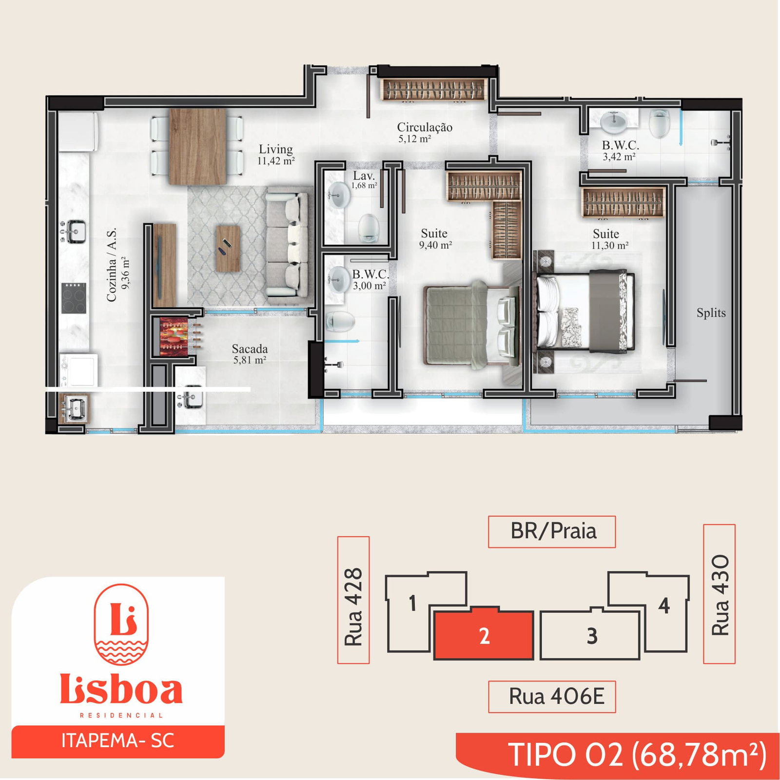 Planta Tipo 02, 69 m² do Lisboa Residencial