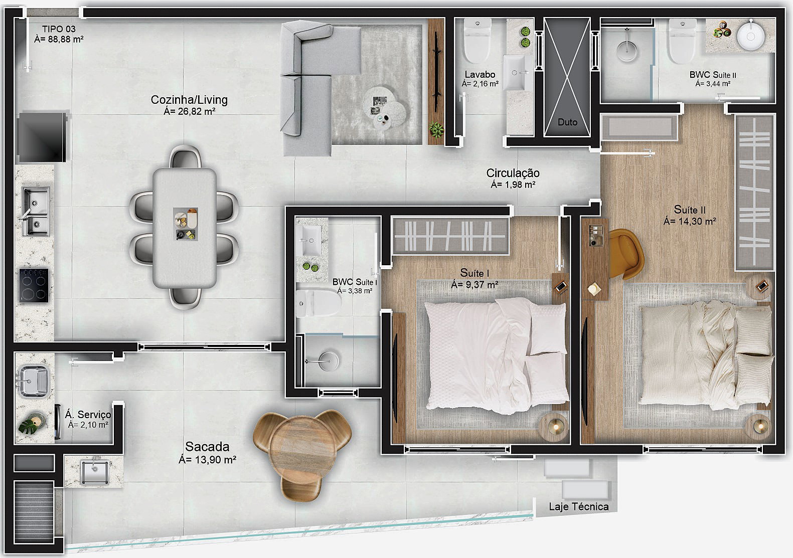 Planta Tipo 03, 90 m² do Majestic