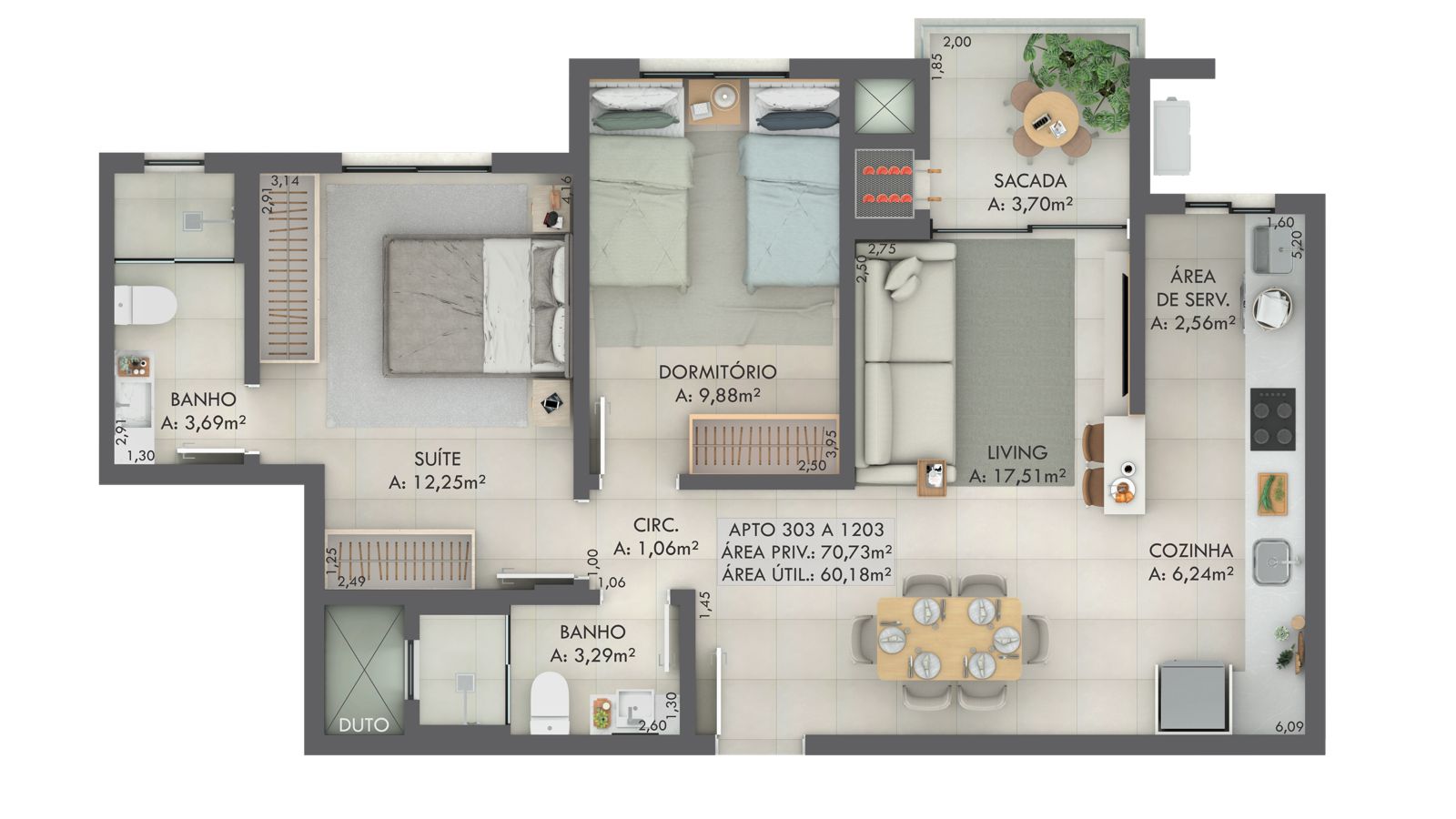 Planta Apto 303 a 1203, 71 m² do Gran Michel Residence