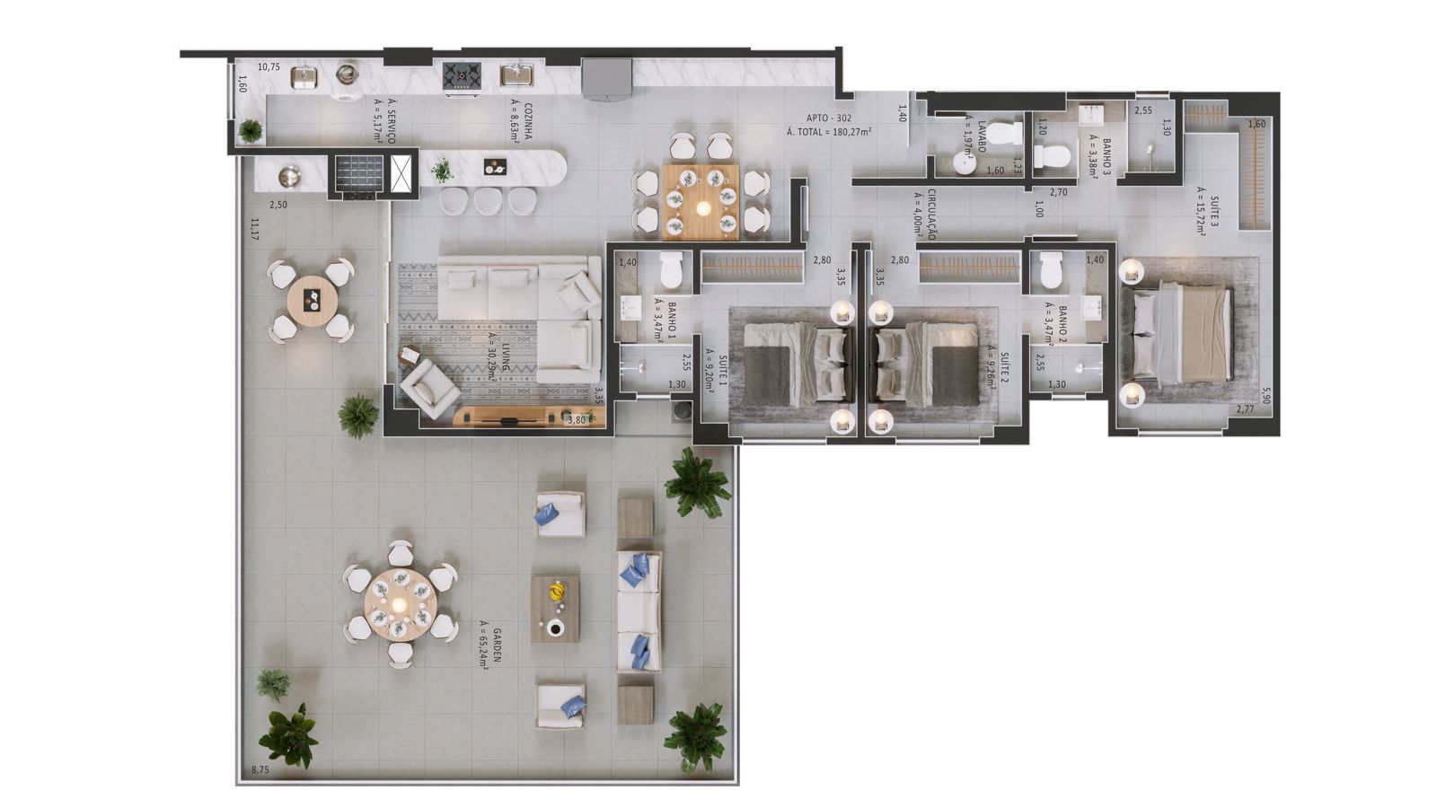 Planta Apto 302, 180 m² do Horizon Residence