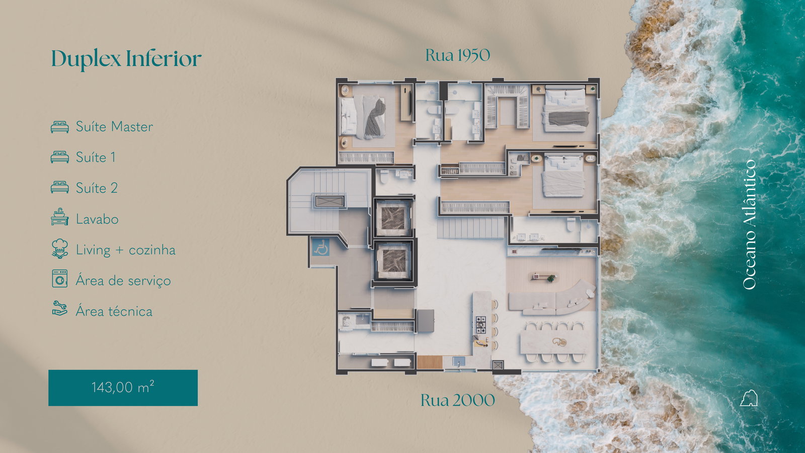 Planta Duplex Inferior, 3 suítes · 143 m² do Isola di Capri