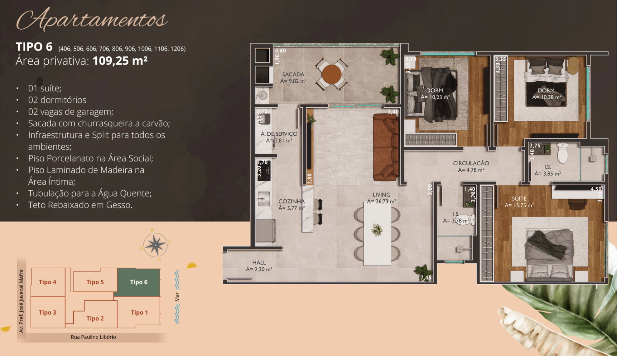 Planta Tipo 6, 3 dormitórios · 1 suíte · 109 m² do Ilha de Tenerife