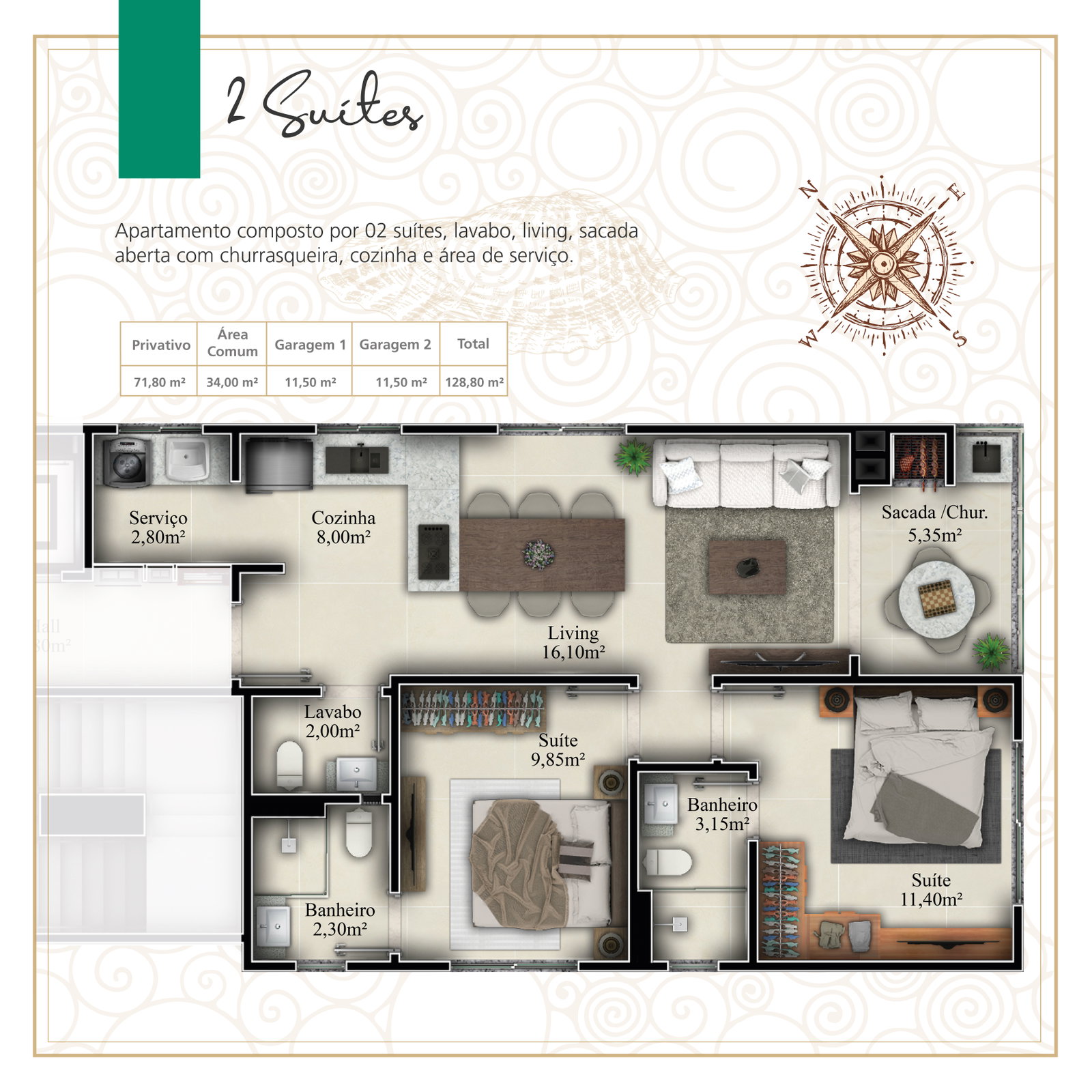 Planta 2 Suítes, 2 suítes · 72 m² do Beach Lake