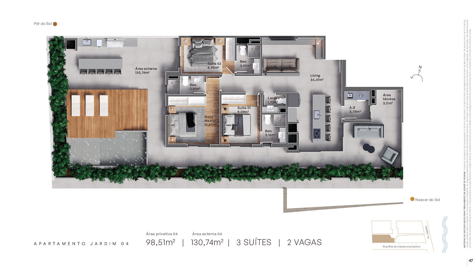 Planta Jardim 04, 3 suítes · 99 m² do Grant Vista