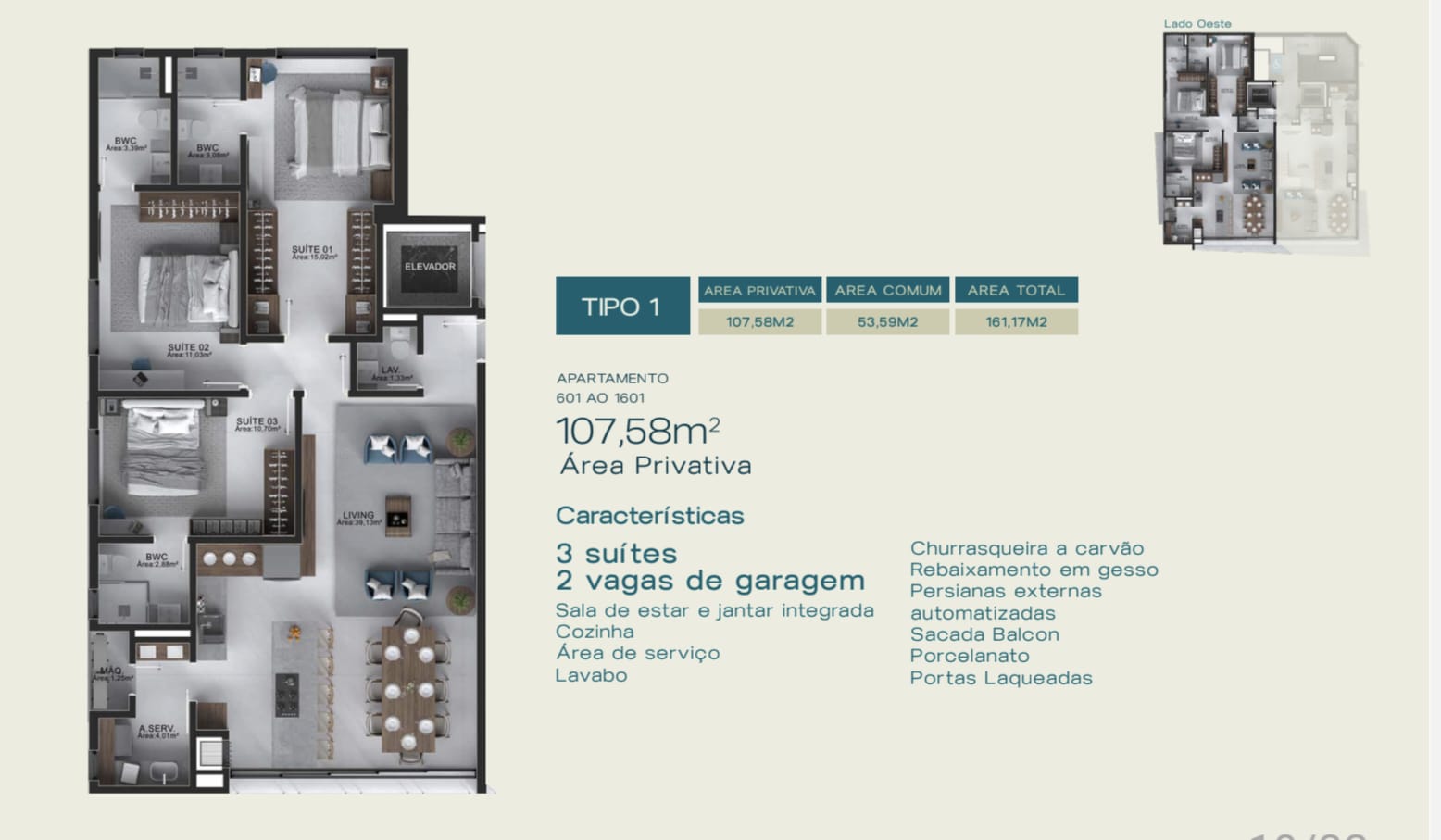 Planta Tipo 1, 3 suítes · 108 m² do Filipinas Residence