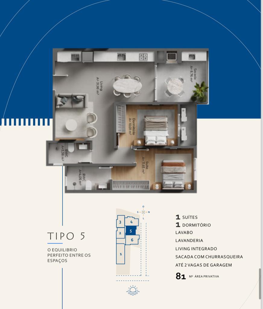 Planta Tipo 5, 2 dormitórios · 1 suíte · 81 m² do Ametisst