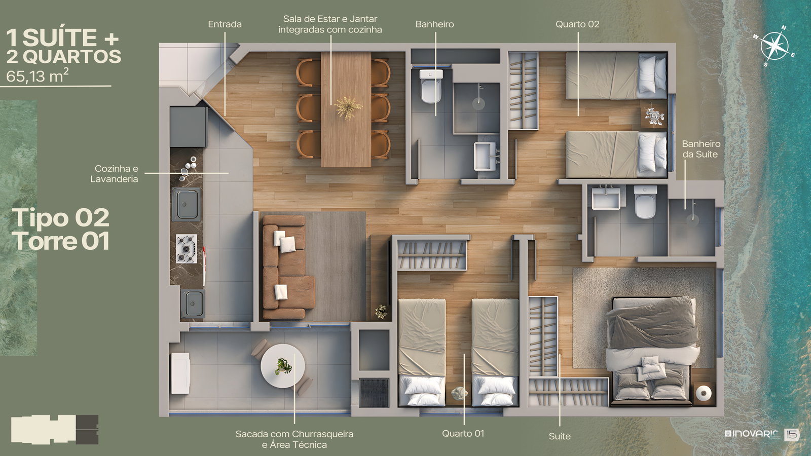 Planta Tipo 02 · Torre 1, 3 dormitórios · 1 suíte · 65 m² do Marine Itajuba