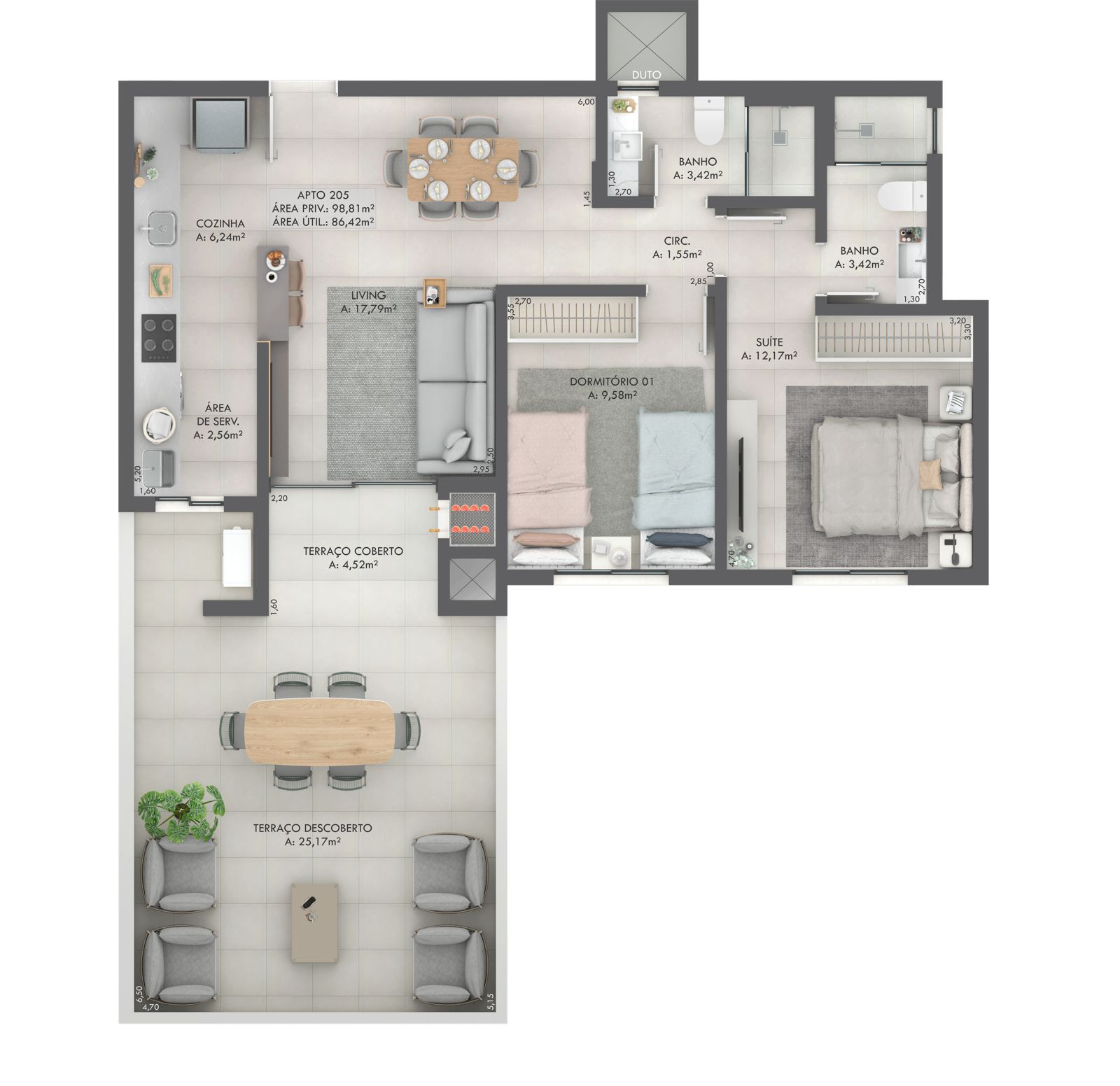 Planta Apto 205, 99 m² do Gran Michel Residence