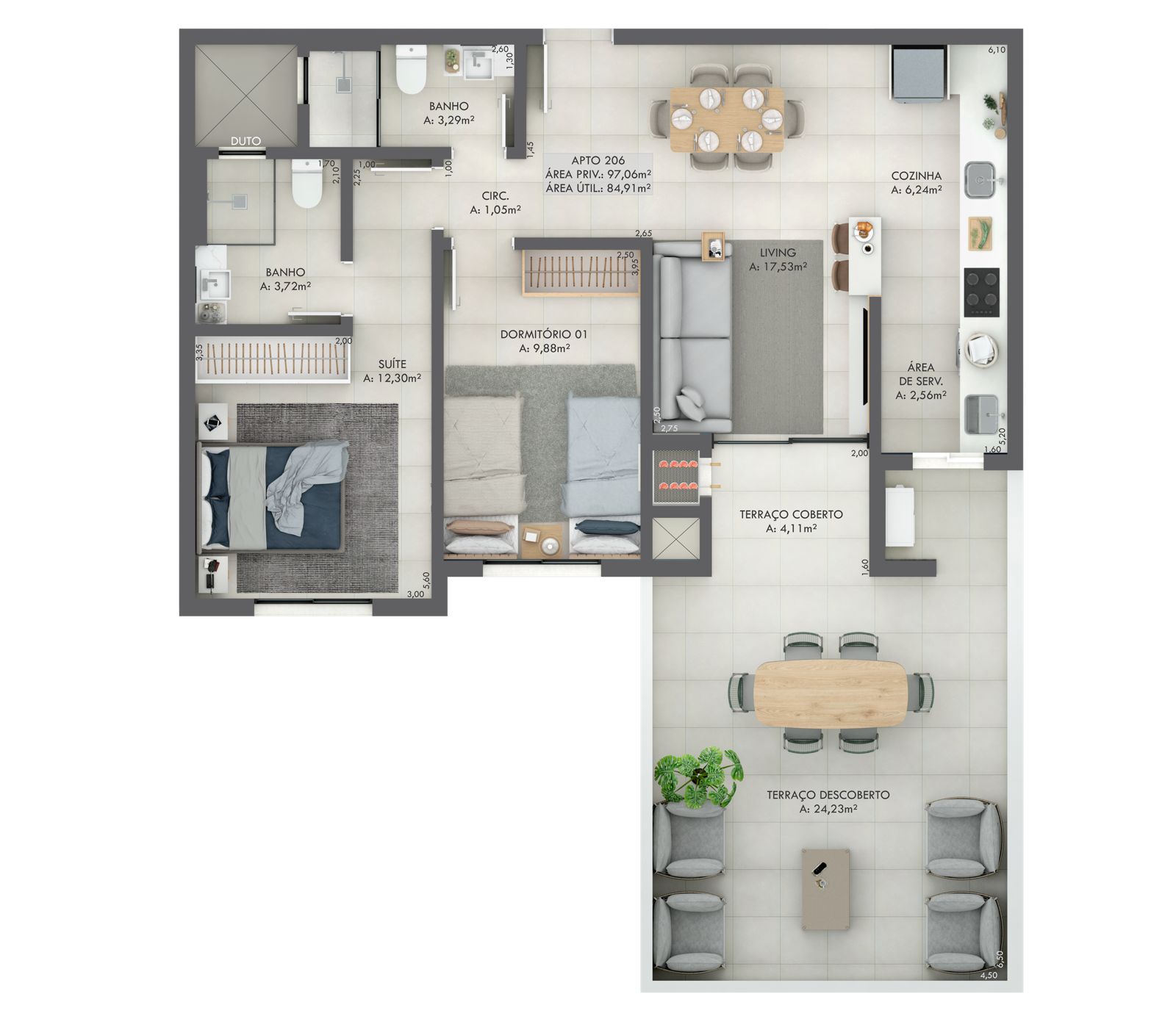 Planta Apto 206, 97 m² do Gran Michel Residence